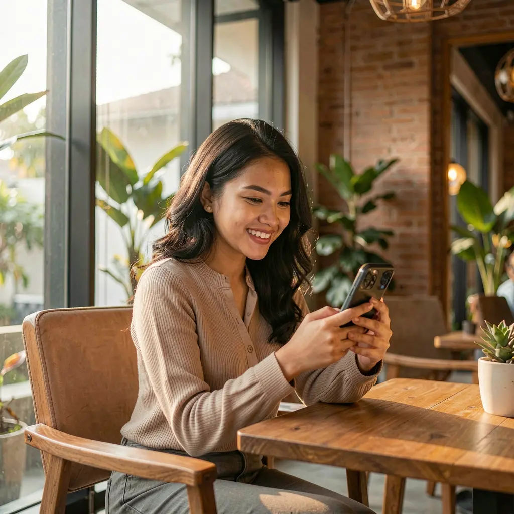 RK GG App – Enjoy a smooth and stylish mobile casino experience in Indonesia Indonesian woman relaxing in a modern cafe while checking casino games on the RK GG mobile app with natural lighting and warm tones