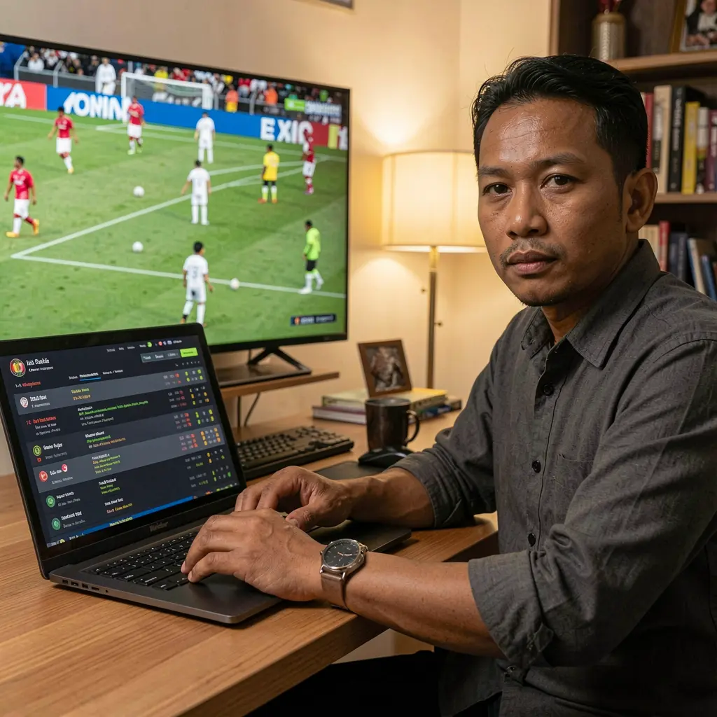RK GG Bet – Place live football bets with confidence in Indonesia Indonesian sports bettor studying live football odds on the RK GG betting website while tracking a match on TV in a focused home betting setup