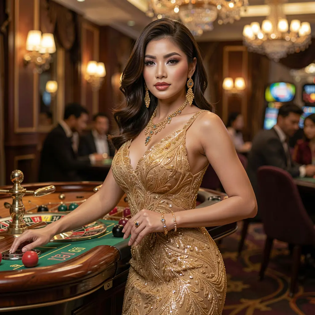 RK GG – Enjoy immersive live casino tables for Indonesian players Elegant woman in a luxurious golden dress standing beside a roulette wheel in a glamorous casino atmosphere showcasing the premium live casino experience at RK GG for players in Indonesia