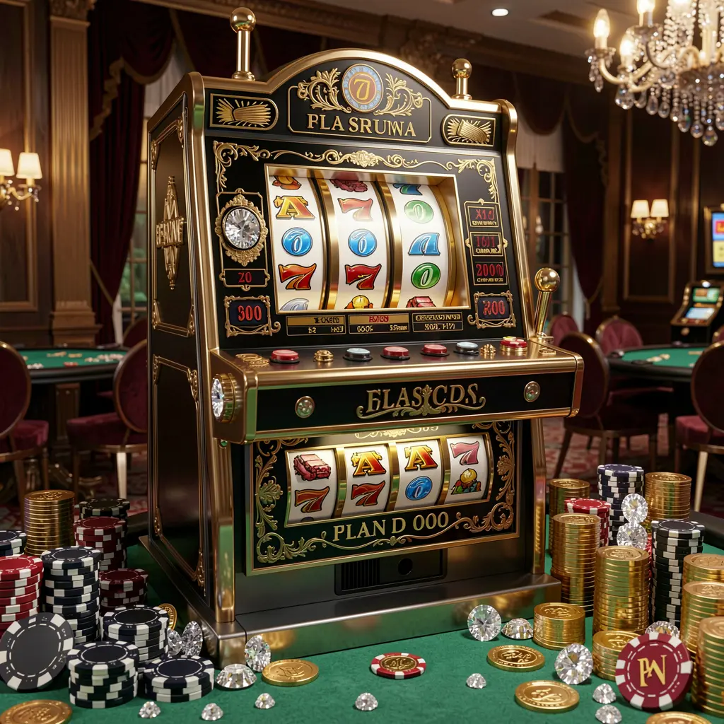 RK GG – Discover high quality online slot games for Indonesian players Elegant black and gold slot machine with triple sevens and scattered casino chips representing premium online slot gaming at RK GG for Indonesian players